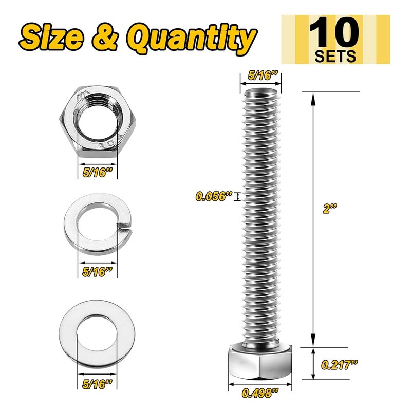 MYWISH (10 Sets) 5/16-18x2 Hex Head Assorted Screws Nuts and Bolts with Flat & Lock Washers, 304 Stainless Steel 18-8, Fully Threaded, 5/16 Bolt Metric Bolt Assortment - Image 2